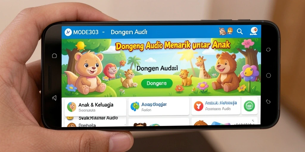 Antarmuka aplikasi MODE303 yang ramah anak dengan pilihan dongeng audio.